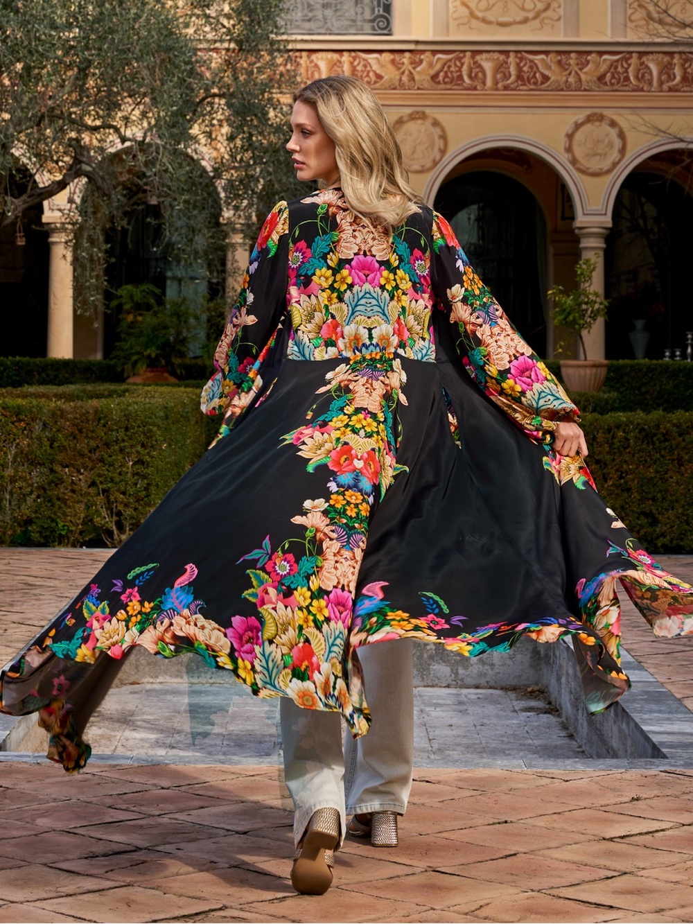 Boston Proper Black Floral Duster Puff Long Sleeve Maxi Kimono Cover Up - Picture 3 of 9